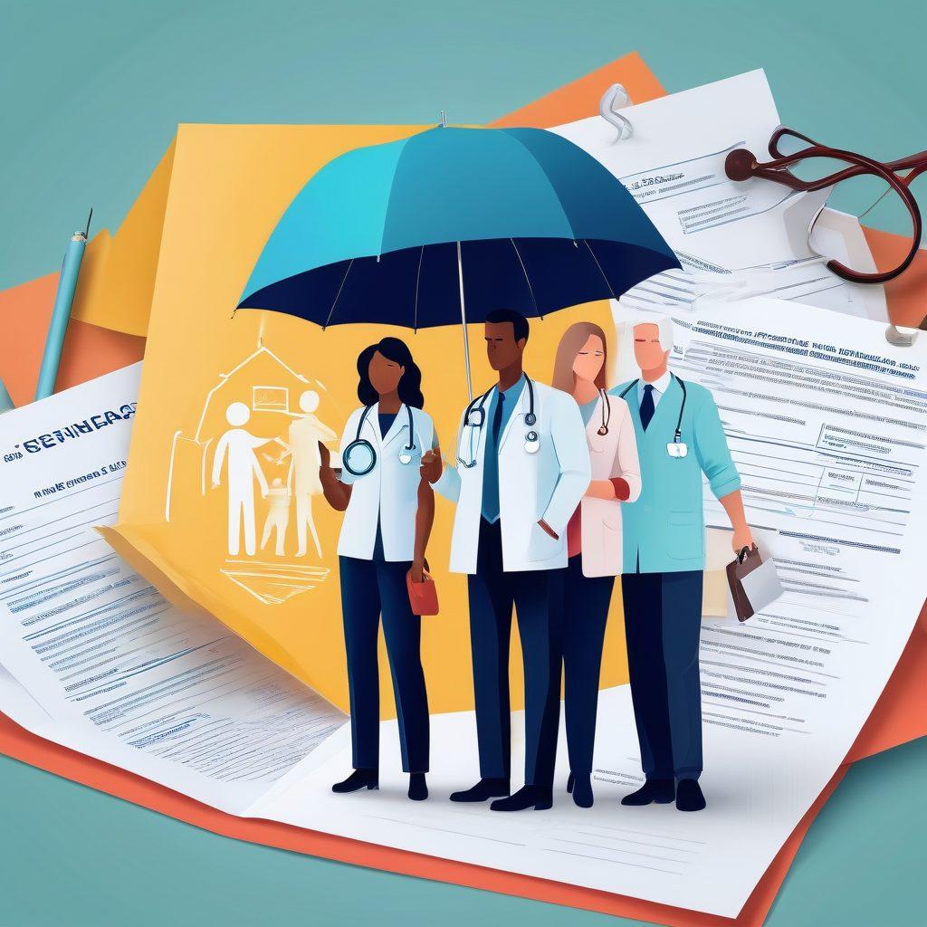 A visually engaging collage illustrating various types of insurance coverage options, featuring a doctor with a stethoscope, a family with health plans, and symbolic representations of life insurance like a protective umbrella. The background should highlight paperwork, graphs, and insurance symbols to convey a sense of security and protection. Use vibrant colors to attract attention while maintaining a professional tone. vector art. vibrant colors.