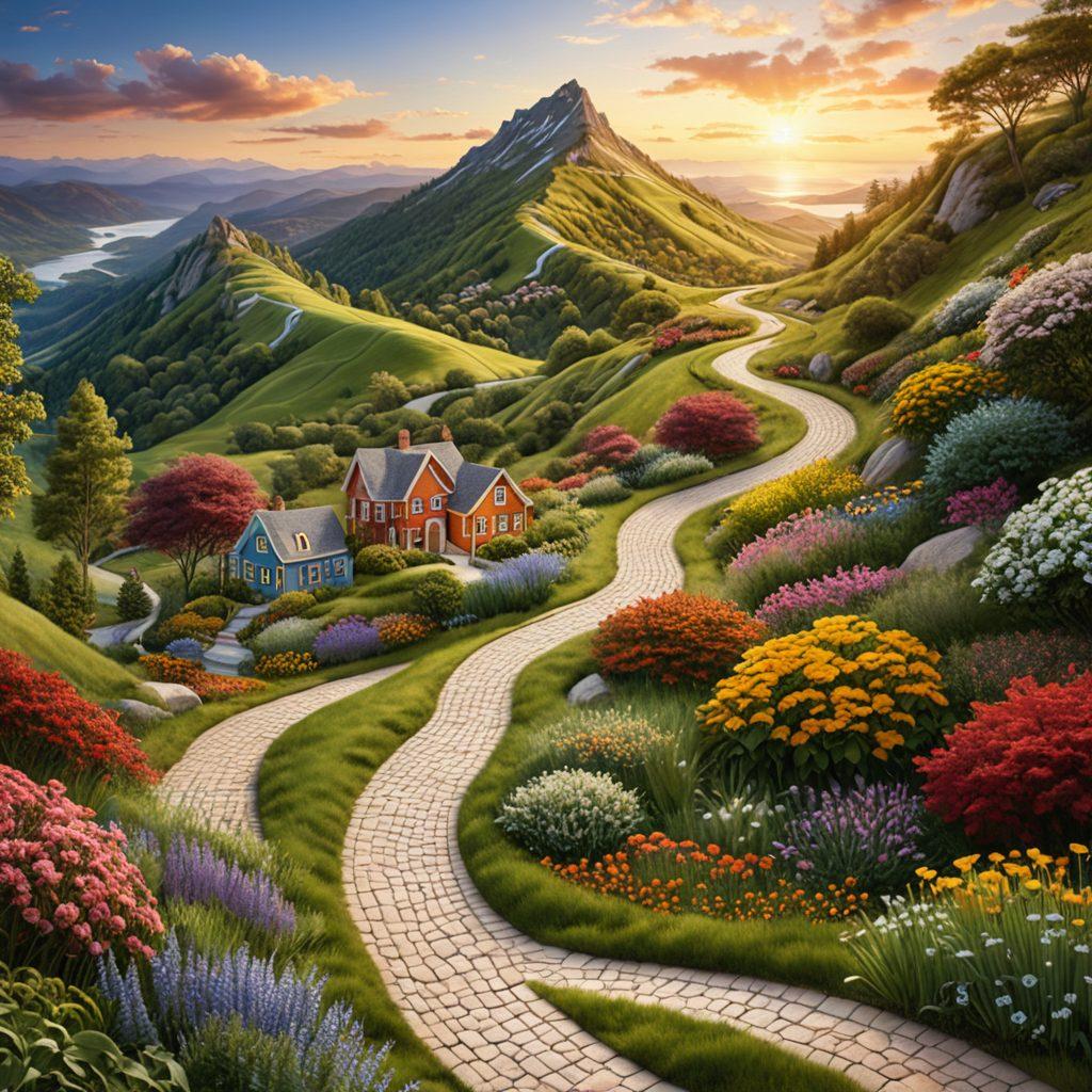 An intricate path winding through diverse landscapes symbolizing various insurance options like health, life, and medical coverage, with signposts labeled accordingly. Along the path, illustrations of families interacting with insurance agents, and icons representing different coverage types (e.g., a heart for health, a shield for life). The background features vibrant colors depicting optimism and guidance. super-realistic. vibrant colors. 3D.