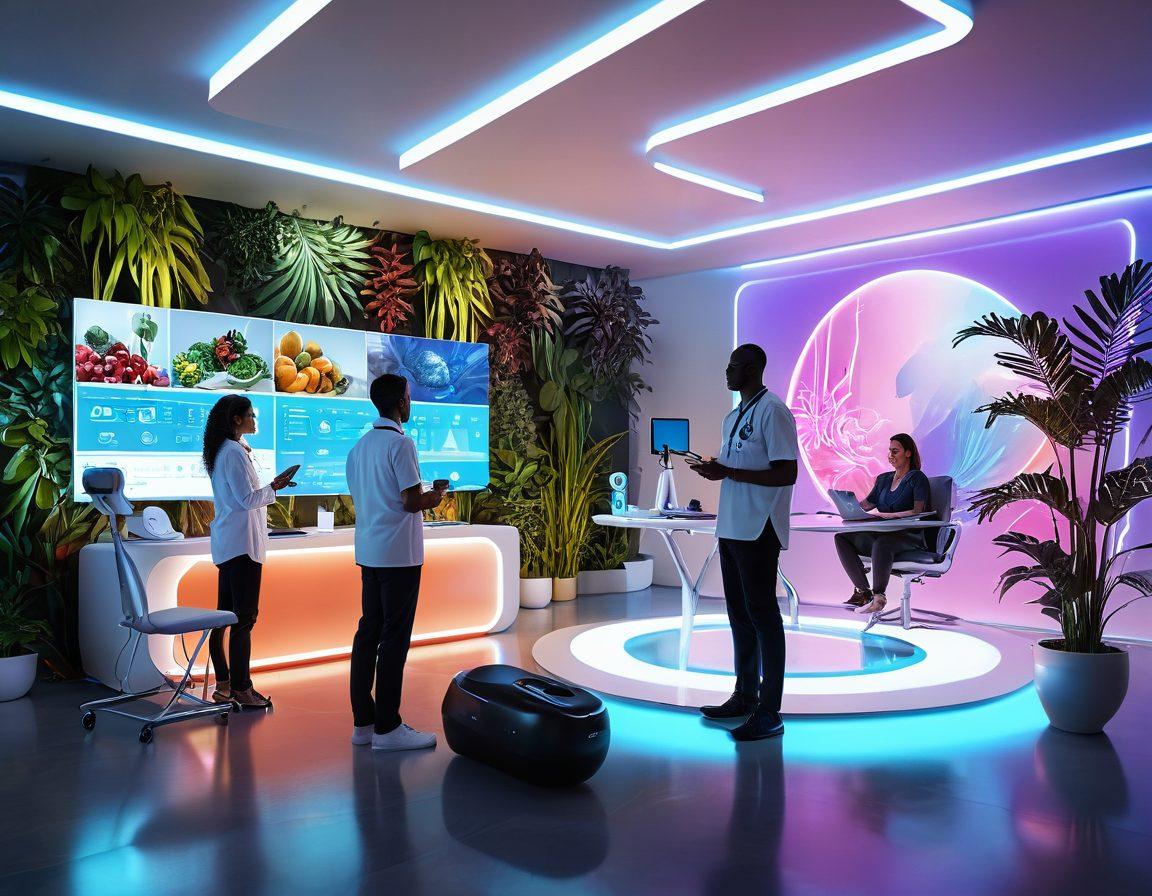 A futuristic scene showcasing a diverse group of people interacting with telemedicine technology, like virtual consultations via holograms, while surrounded by wellness program elements such as exercise equipment, healthy foods, and calming nature. The setting is bright and welcoming, symbolizing modern care and wellness. super-realistic. vibrant colors. digital art.